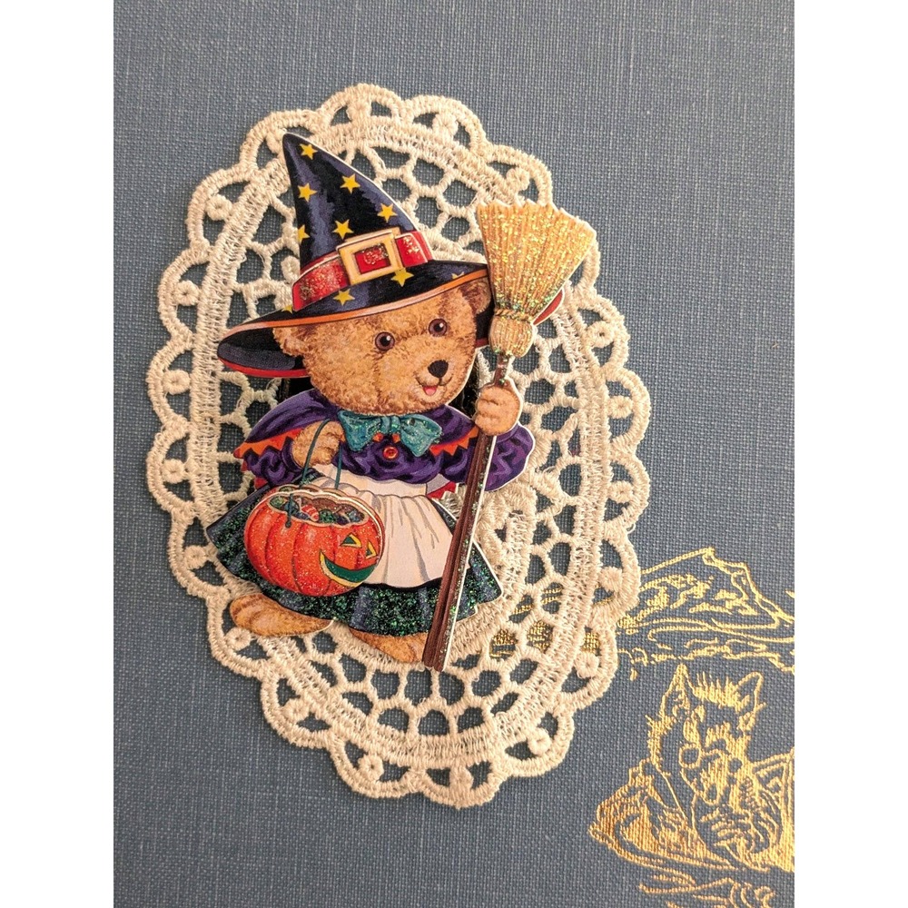 Handmade Halloween Bear Witch Brooch Vintage Style Wood Pin Glitter Broom